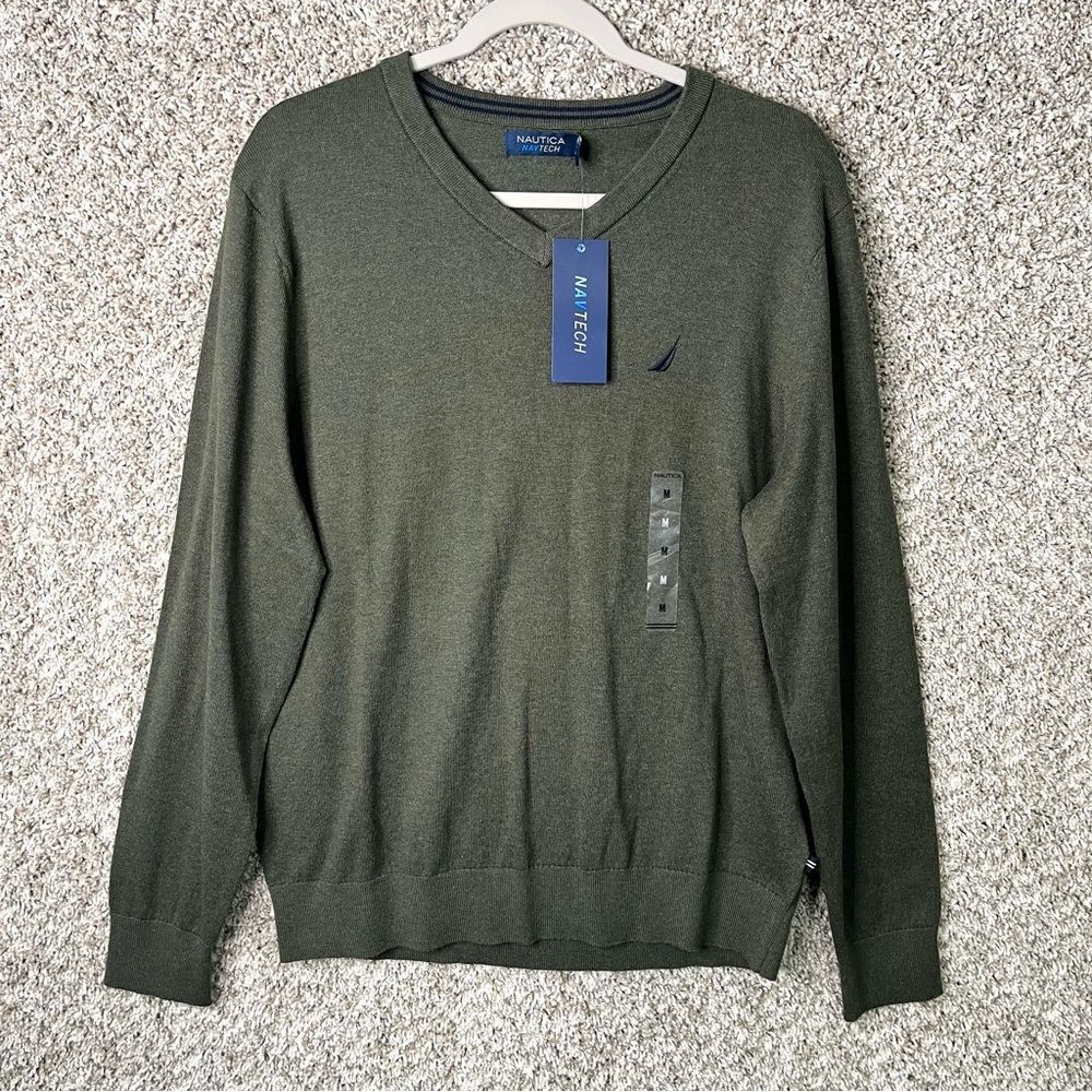 Nautica Sweater Men’s‎ Medium NavTech Dark Green Long Sleeve V-Neck NWT